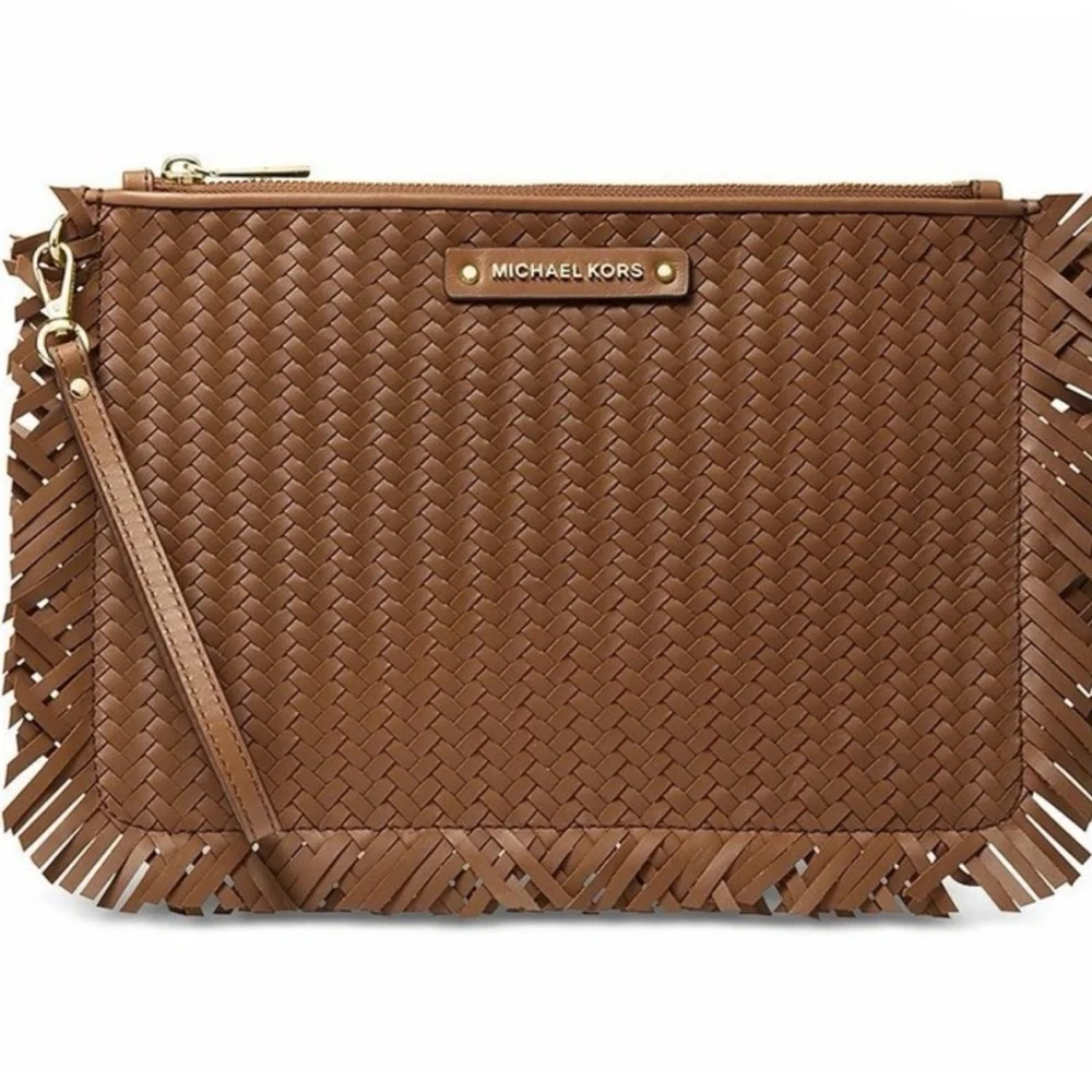 Michael Kors jet set Tan Woven leather large Fringe Clutch wristlet - Picture 3 of 9